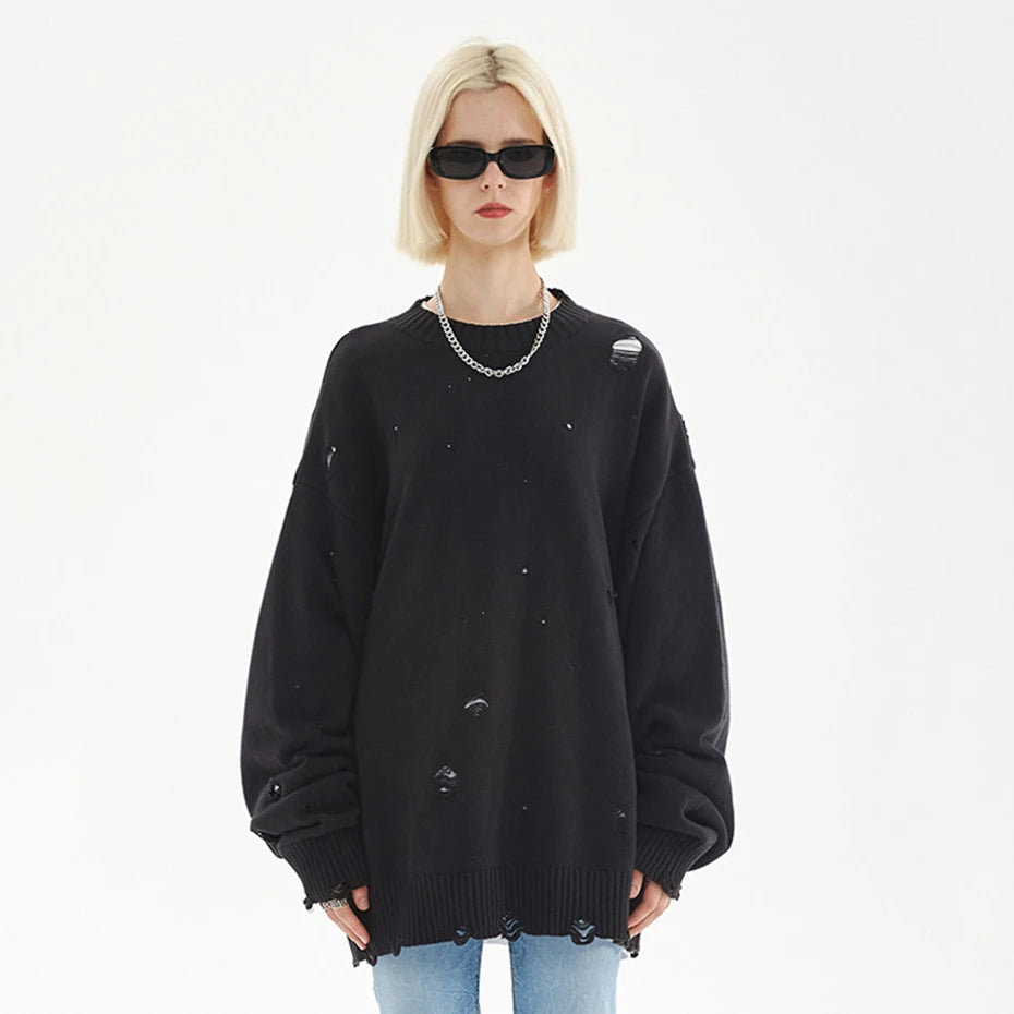 Y2K Black Ripped Knit Sweater — detail shot