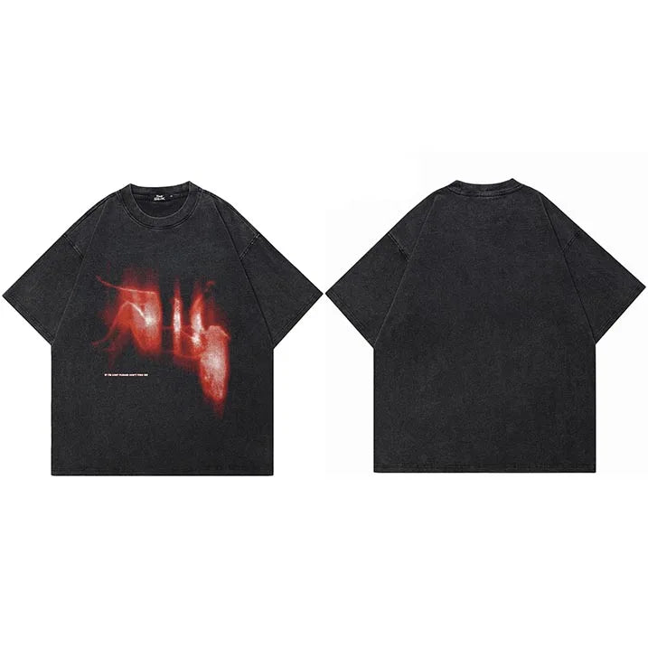 Washed Vintage Black Shadow Graphic Oversized T-Shirt — fabric close-up