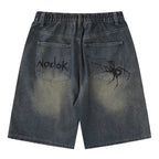 Y2K Blue Spider Cobweb Print Loose Denim Shorts — front view