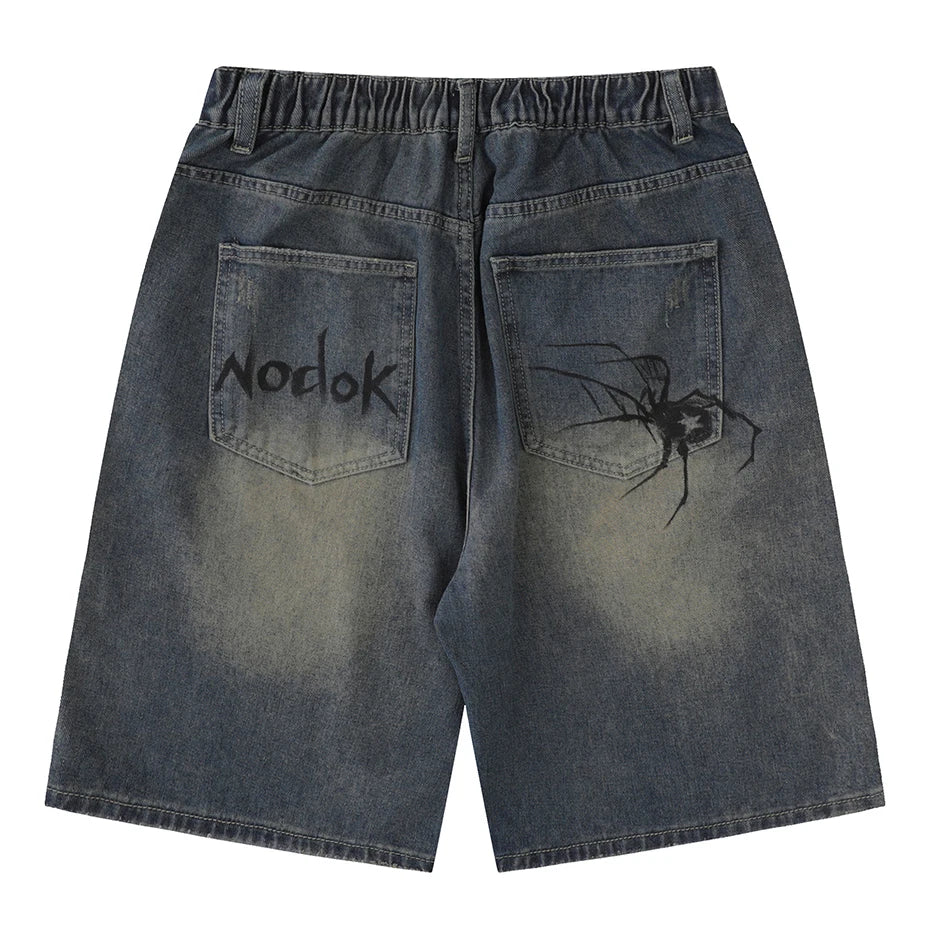 Y2K Blue Spider Cobweb Print Loose Denim Shorts — front view