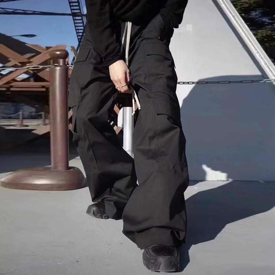 Black Drawstring Wide Leg Cargo Pants — back view