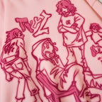 Pink Cartoon Anime Graphic Hoodie — fabric close-up