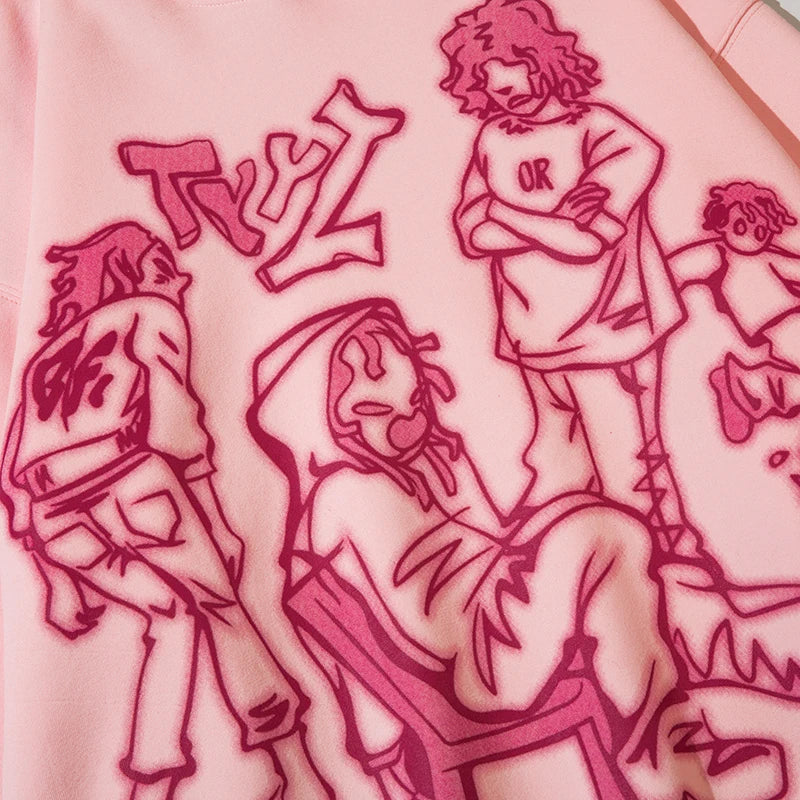 Pink Cartoon Anime Graphic Hoodie — fabric close-up