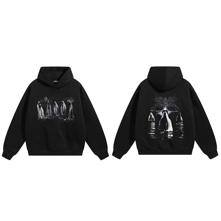 Vintage Black Ghost Graphic Hoodie — fabric close-up