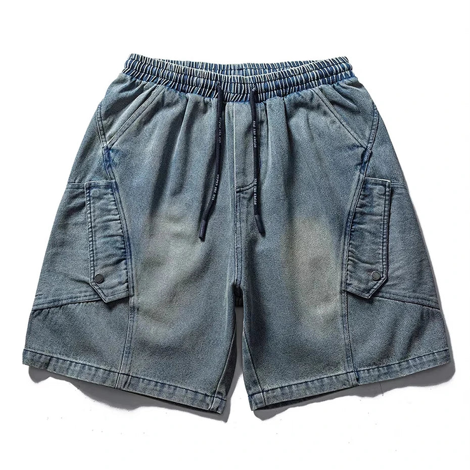 Car Vintage Blue Loose Denim Shorts — fabric close-up