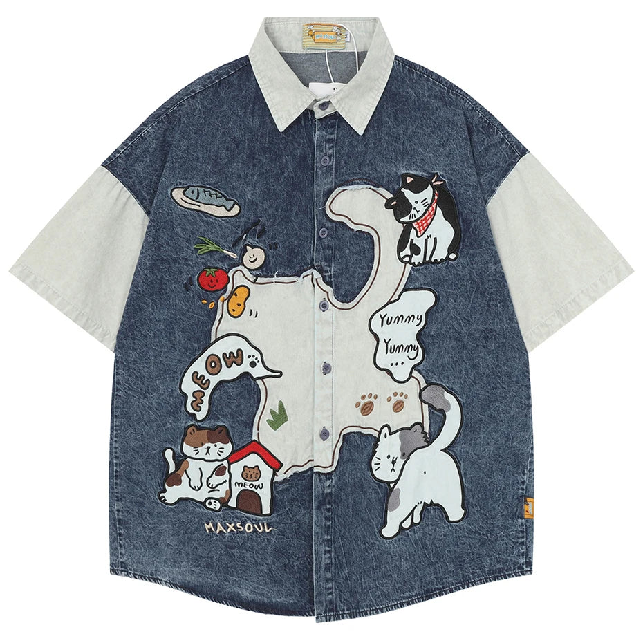 Vintage Cat Graphic Denim Loose Shirt — back view