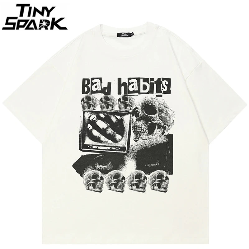 Grunge Beige Skull Graphic T-Shirt — front view