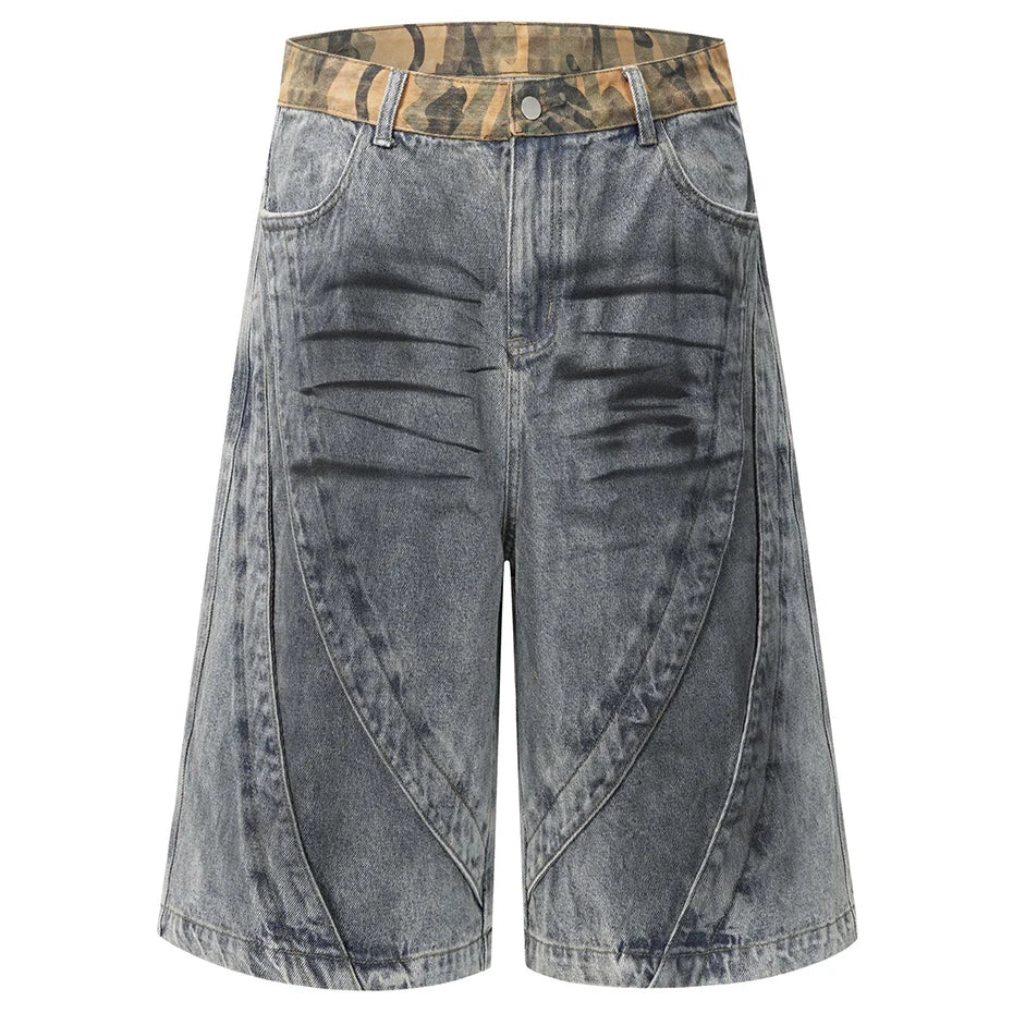 Black Vintage Blue Patchwork Loose Denim Shorts — styling shot