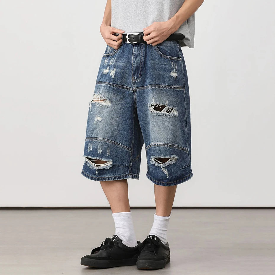 Jeans Vintage Blue Ripped Loose Denim Shorts — detail shot