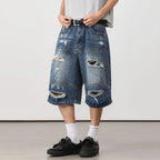 Jeans Vintage Blue Ripped Loose Denim Shorts — detail shot