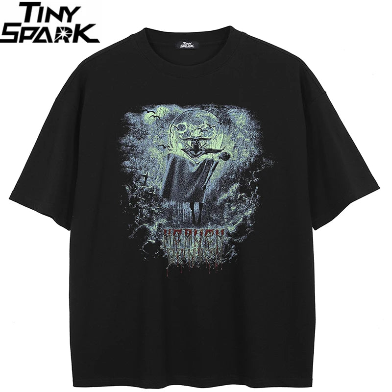 Goth Black Scary Cartoon Faded T-Shirt — back view