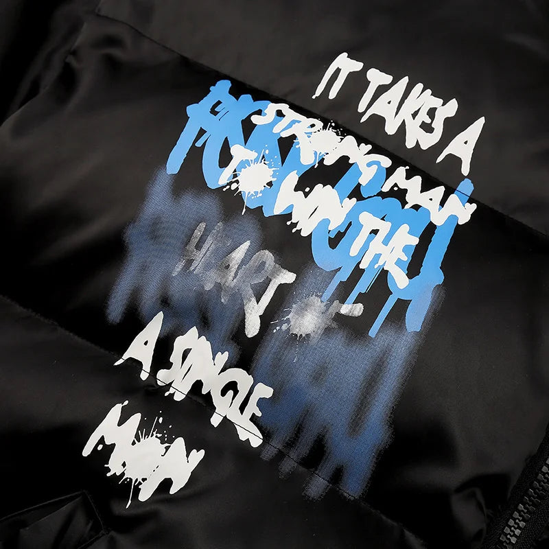 Graffiti Print Puffer Jacket — styling shot
