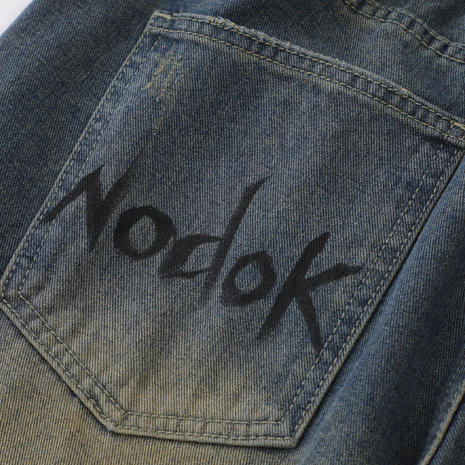 Y2K Blue Spider Cobweb Print Loose Denim Shorts — detail shot