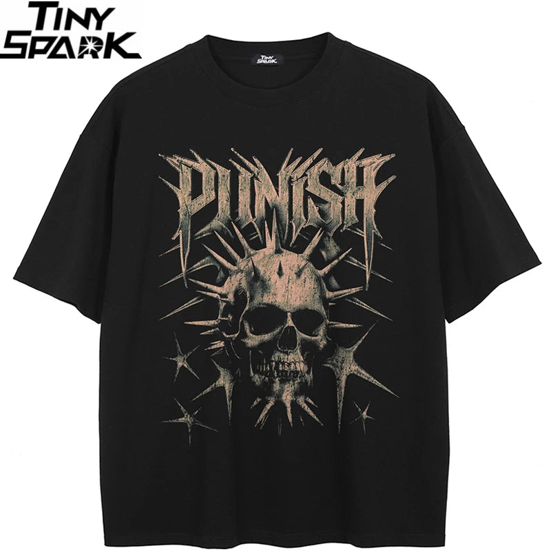 Punk Black Thorny Skull Faded T-Shirt — back view