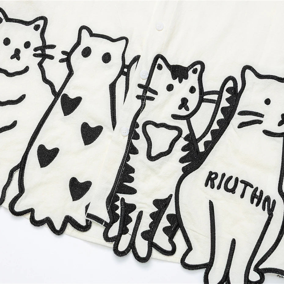Vintage Cat Embroidered Loose Shirt — fit shot