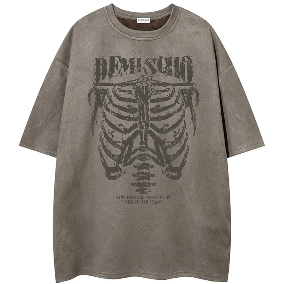 Vintage Skeleton Graphic Suede Loose T-Shirt — back view