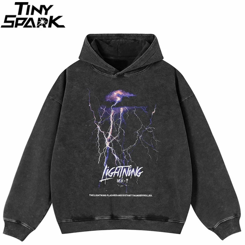 Washed Black Lightning Graphic Oversized Hoodie — front view