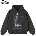 Washed Black Lightning Graphic Oversized Hoodie — front view