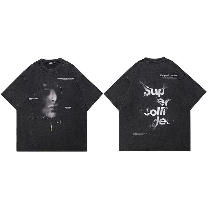 Vintage Retro Black Graphic Oversized T-Shirt — fabric close-up