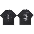 Vintage Retro Black Graphic Oversized T-Shirt — fabric close-up