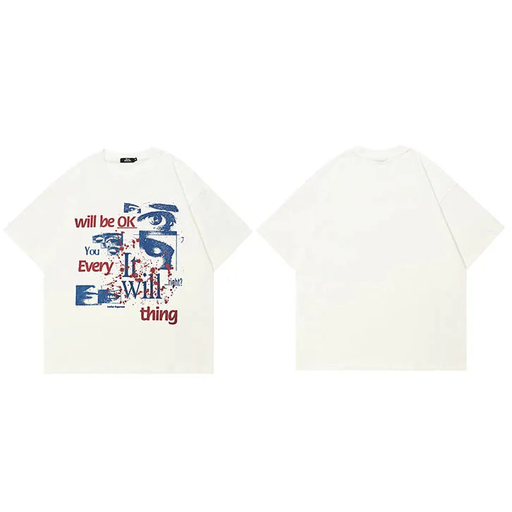 Beige Eyes Graffiti Graphic T-Shirt — fabric close-up