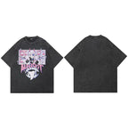 Black Anime Cartoon Washed T-Shirt — fabric close-up