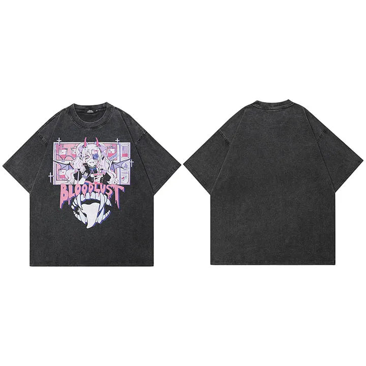 Black Anime Cartoon Washed T-Shirt — fabric close-up