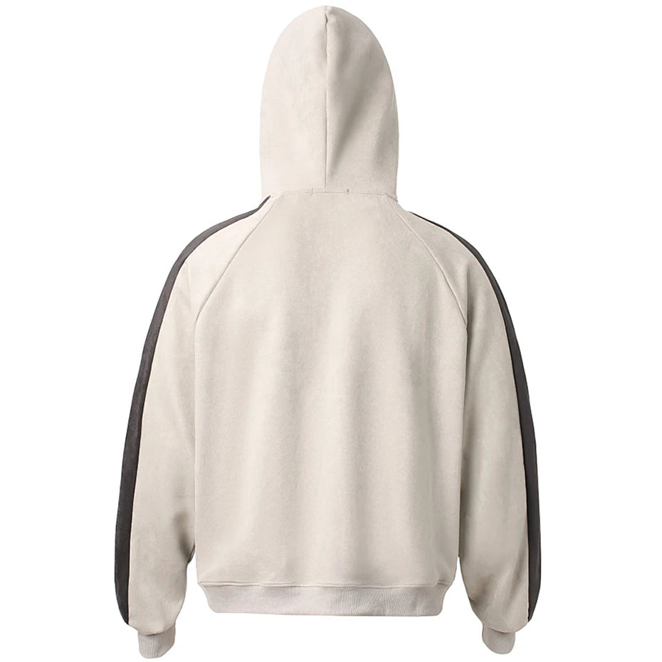 Vintage Color Block Suede Oversized Hoodie — front view