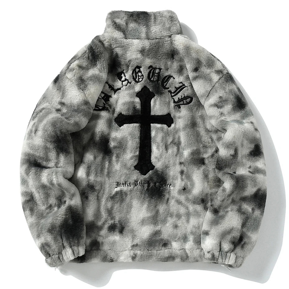 Vintage Cross Embroidered Fleece Oversized Coat — back view