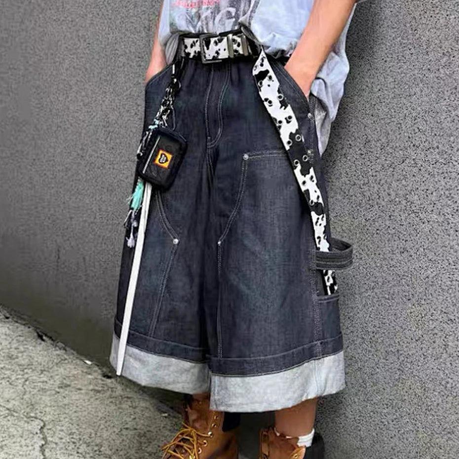 Loose Vintage Blue Wide Leg Denim Shorts — back view