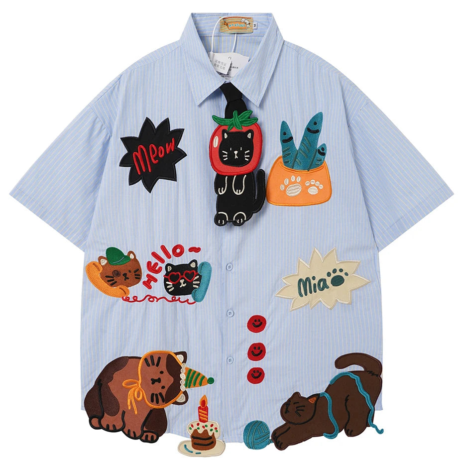 Y2K Cartoon Cat Graphic Loose Shirt — styling shot