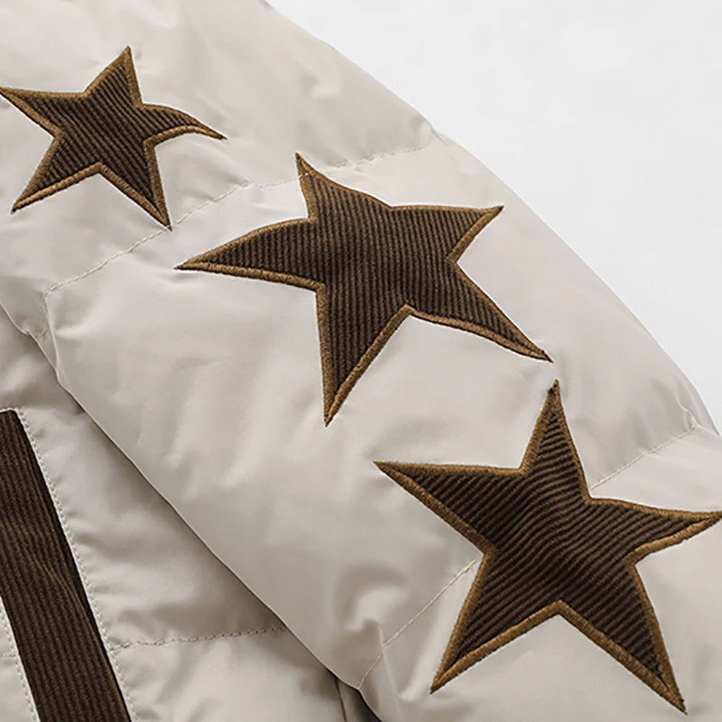Retro Star Patchwork Corduroy Puffer Jacket — back view