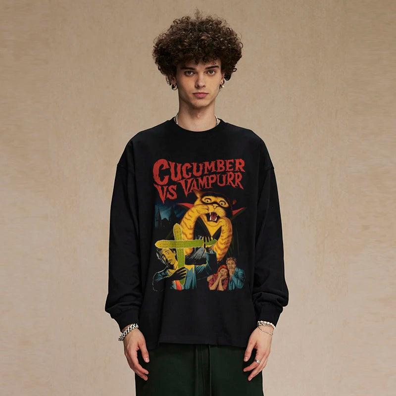 Vampurr Black Cat Graphic Long Sleeve Tee — front view