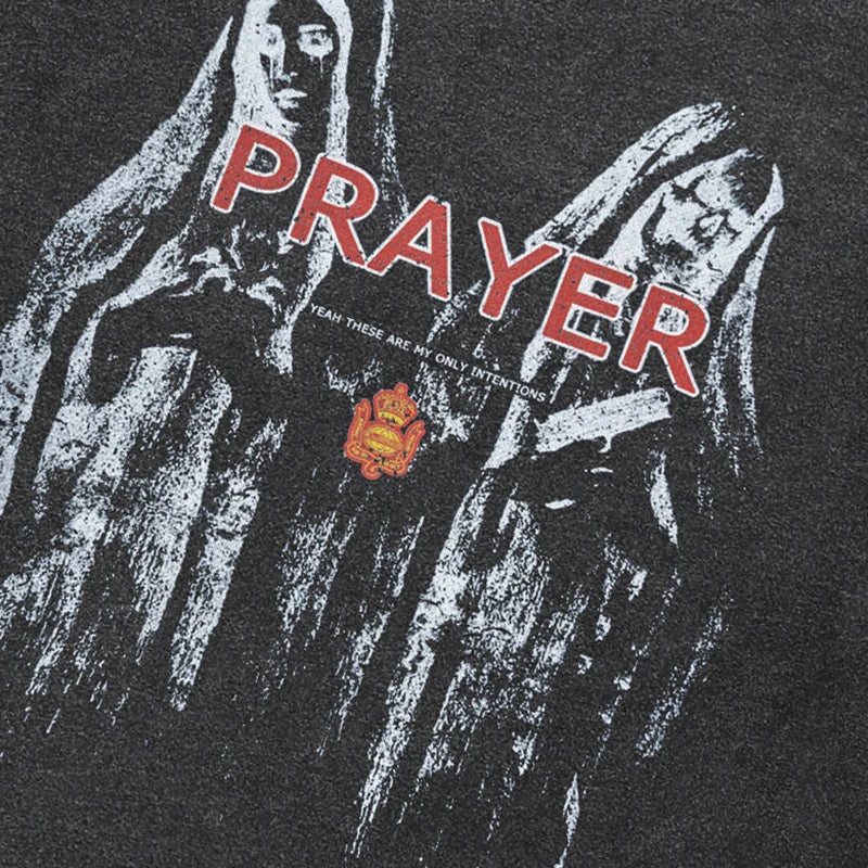 Prayer Retro Black Washed T-Shirt — detail shot