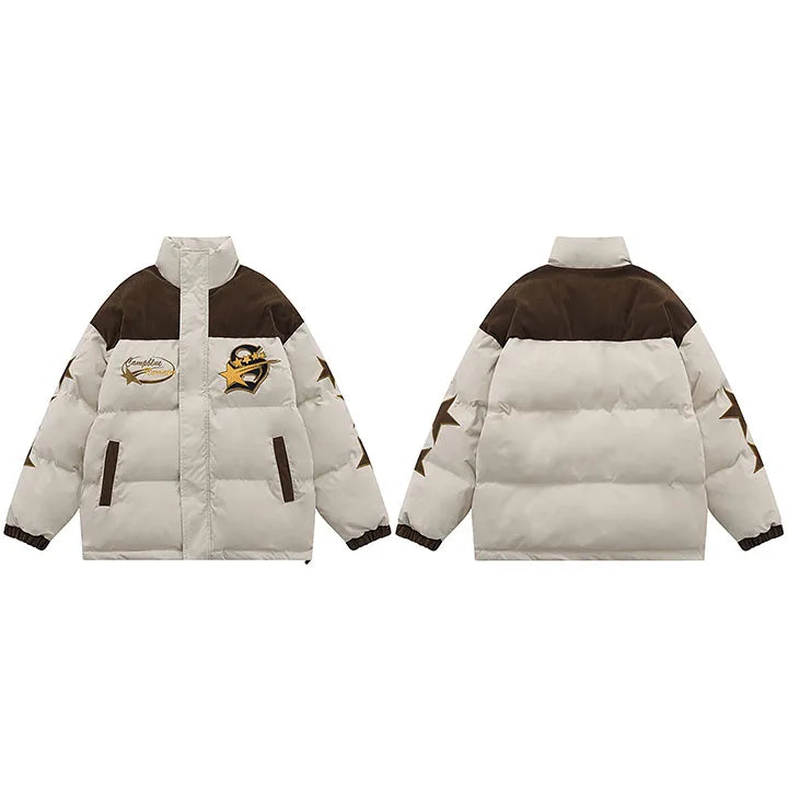 Retro Star Patchwork Corduroy Puffer Jacket — detail shot