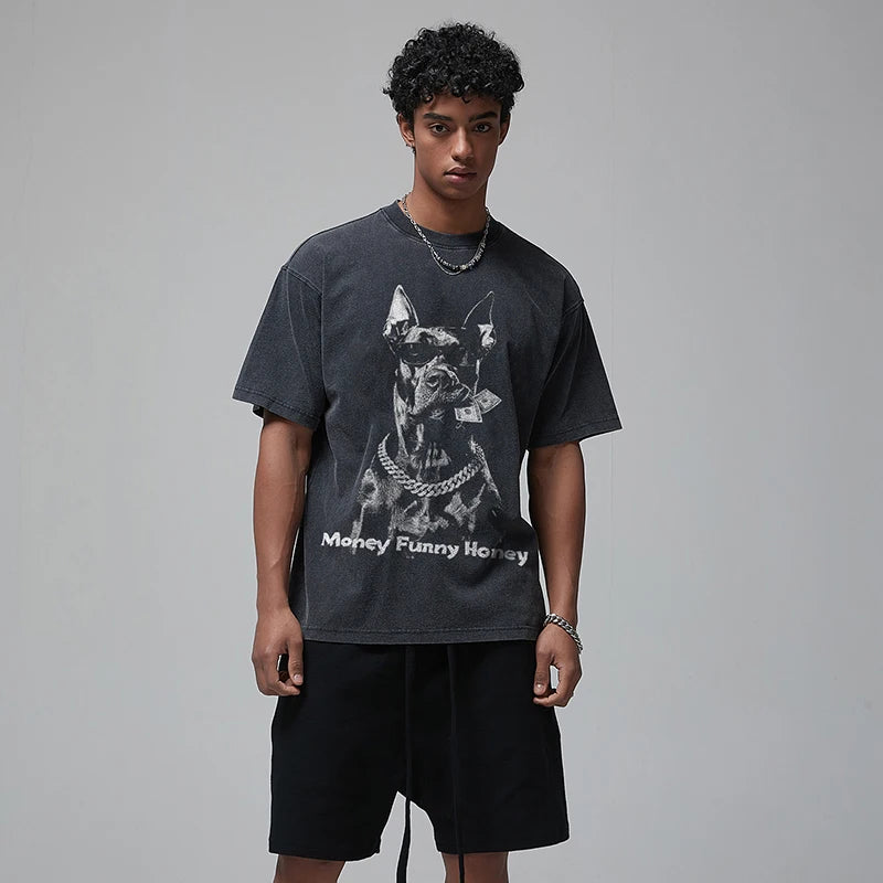Funny Black Doberman Dog Graphic Oversized T-Shirt — front view