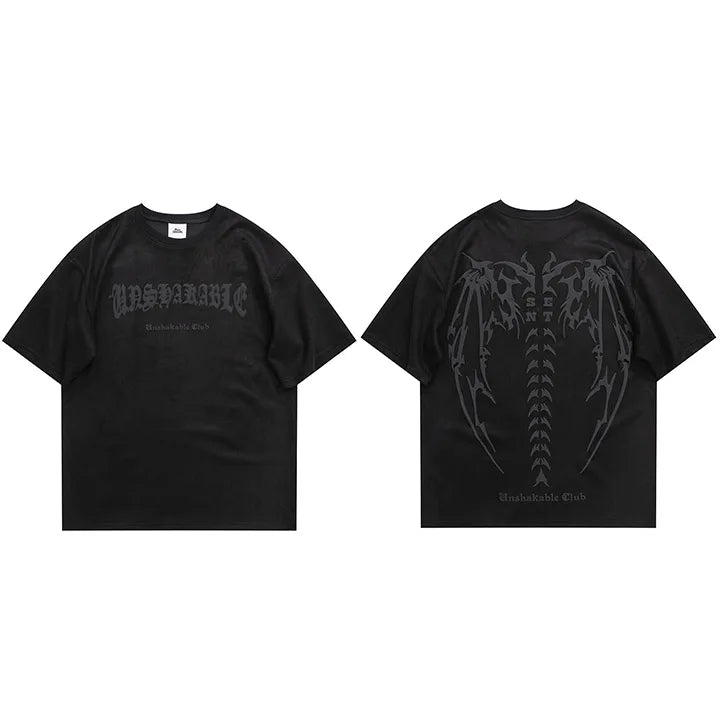 Devil Wings Graphic Suede T-Shirt — fit shot