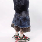 Vintage Camouflage Patchwork Baggy Denim Shorts — fit shot