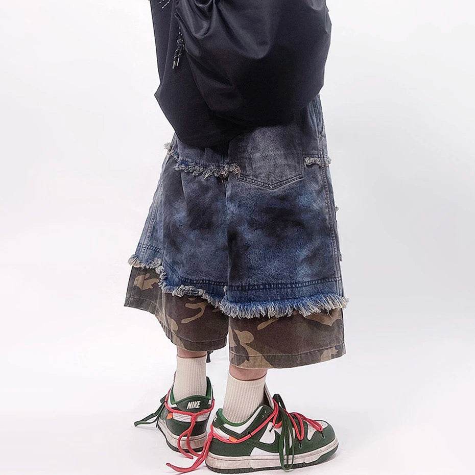 Vintage Camouflage Patchwork Baggy Denim Shorts — fit shot