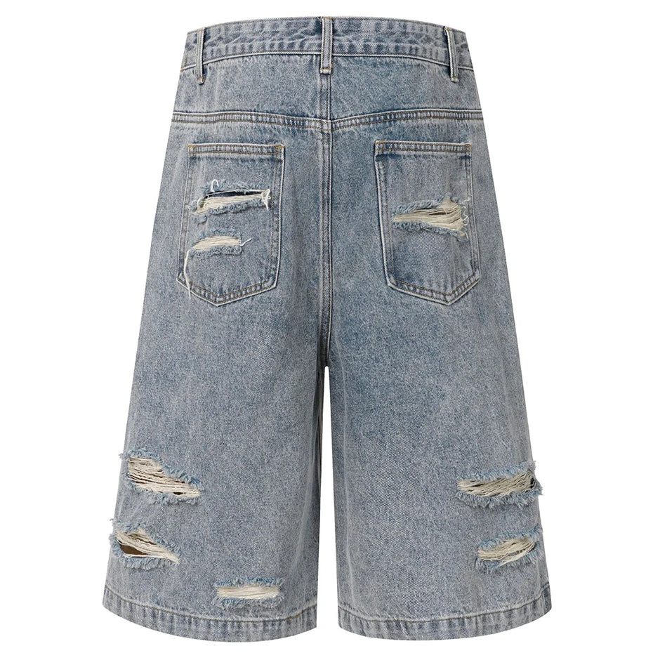 Vintage Blue Plaid Ripped Denim Shorts — front view