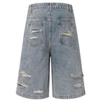 Vintage Blue Plaid Ripped Denim Shorts — front view