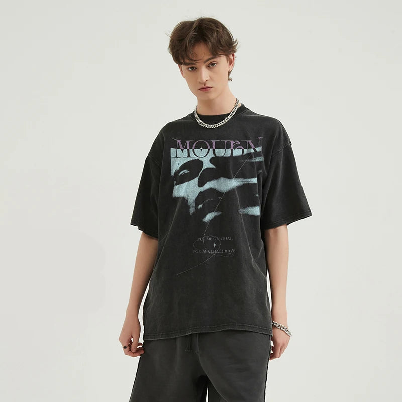Vintage Retro Black Shadow Washed T-Shirt — front view