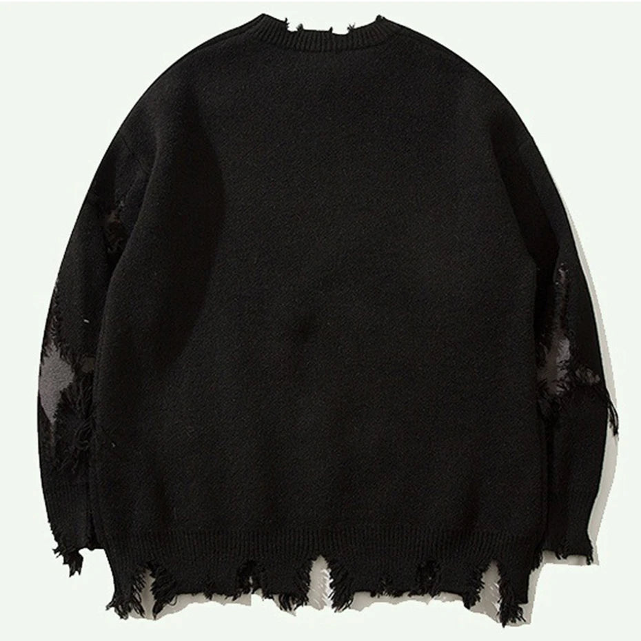 Goth Black Skull Ripped Knit Oversized Sweater — front view