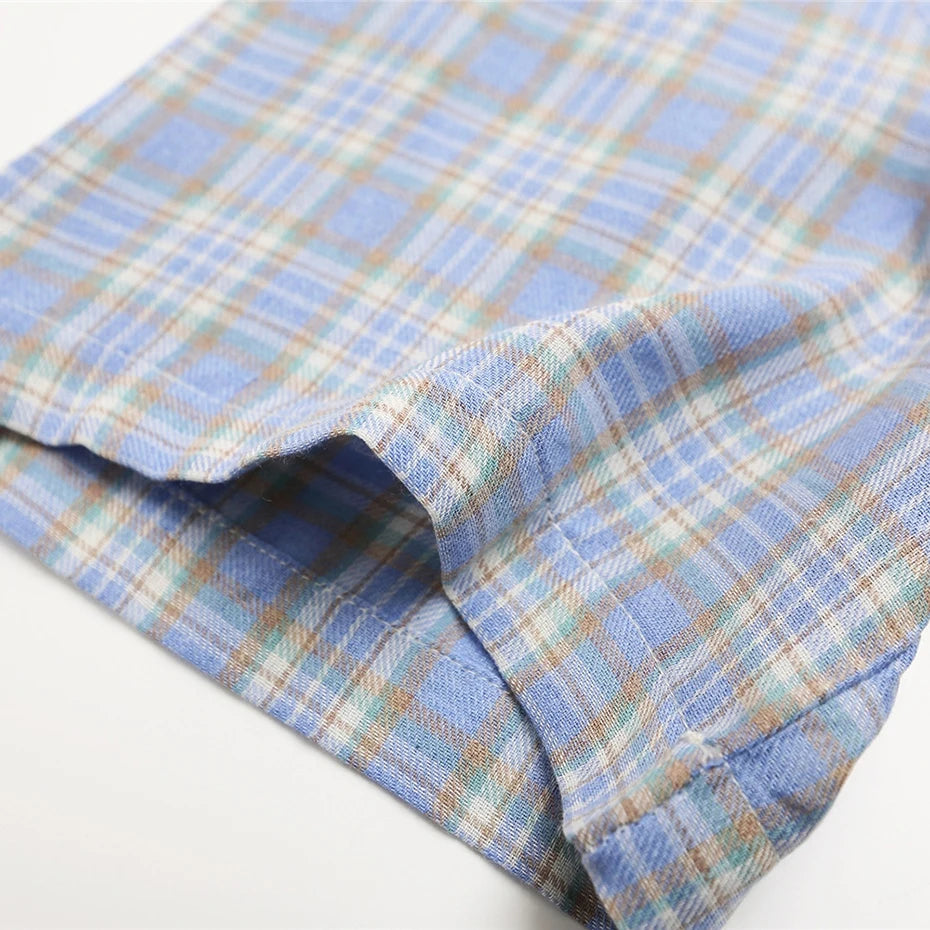 Vintage Cartoon Plaid Embroidered Loose Shirt — fabric close-up