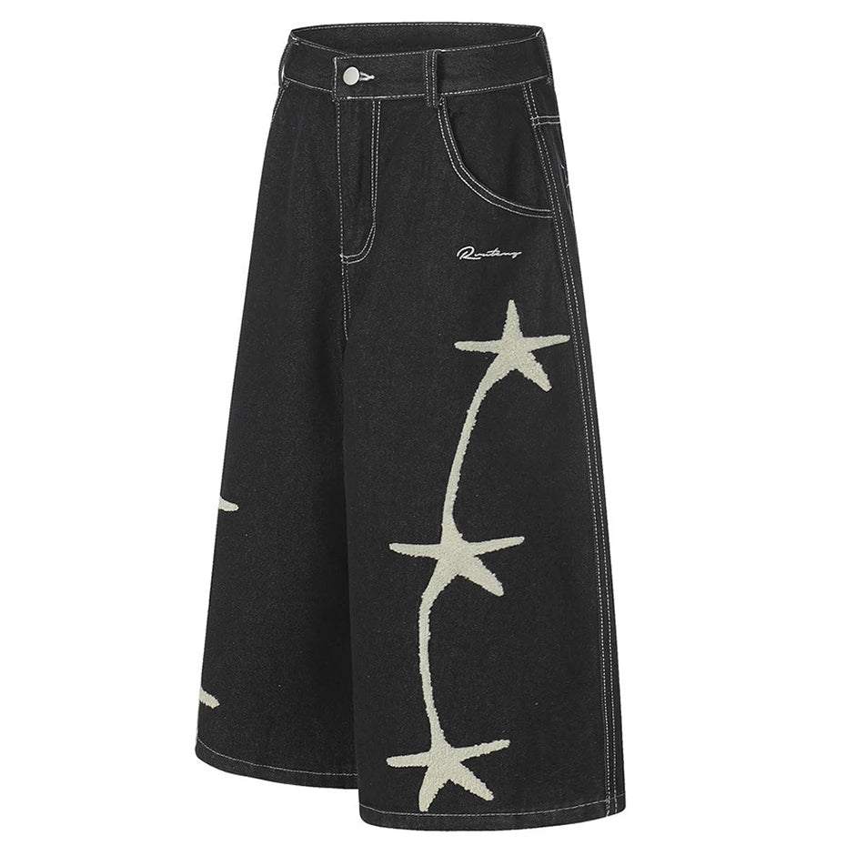 Black Star Embroidered Loose Denim Shorts — front view