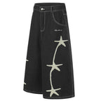 Black Star Embroidered Loose Denim Shorts — front view