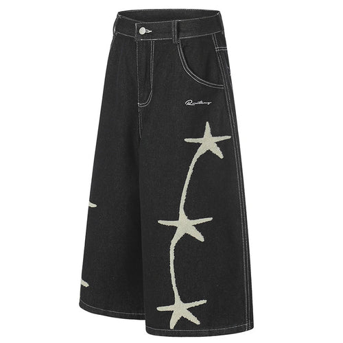 Black Star Embroidered Loose Denim Shorts — front view