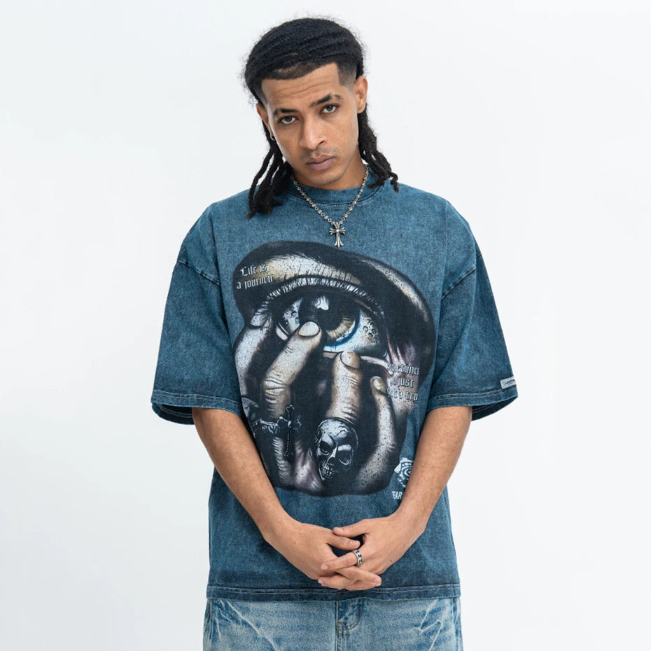 Short Vintage Graphic Oversized T-Shirt — fabric close-up