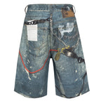 Vintage Blue Chain Graphic Loose Denim Shorts — detail shot