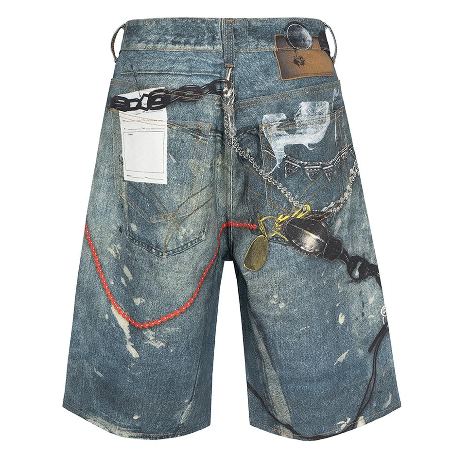 Vintage Blue Chain Graphic Loose Denim Shorts — detail shot